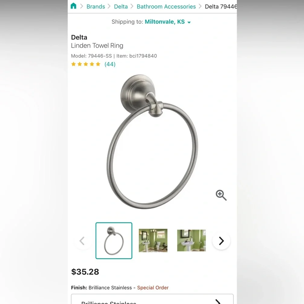 Delta Linden Collection Brilliance  Stainless Finish Towel Ring NIB New in Box